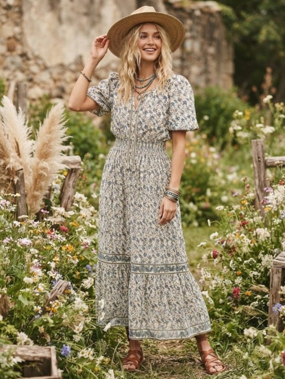 MAX STUDIO Bubble Sleeve Tiered Maxi Dress ~ Cream Sky Floral Swing Vines Large